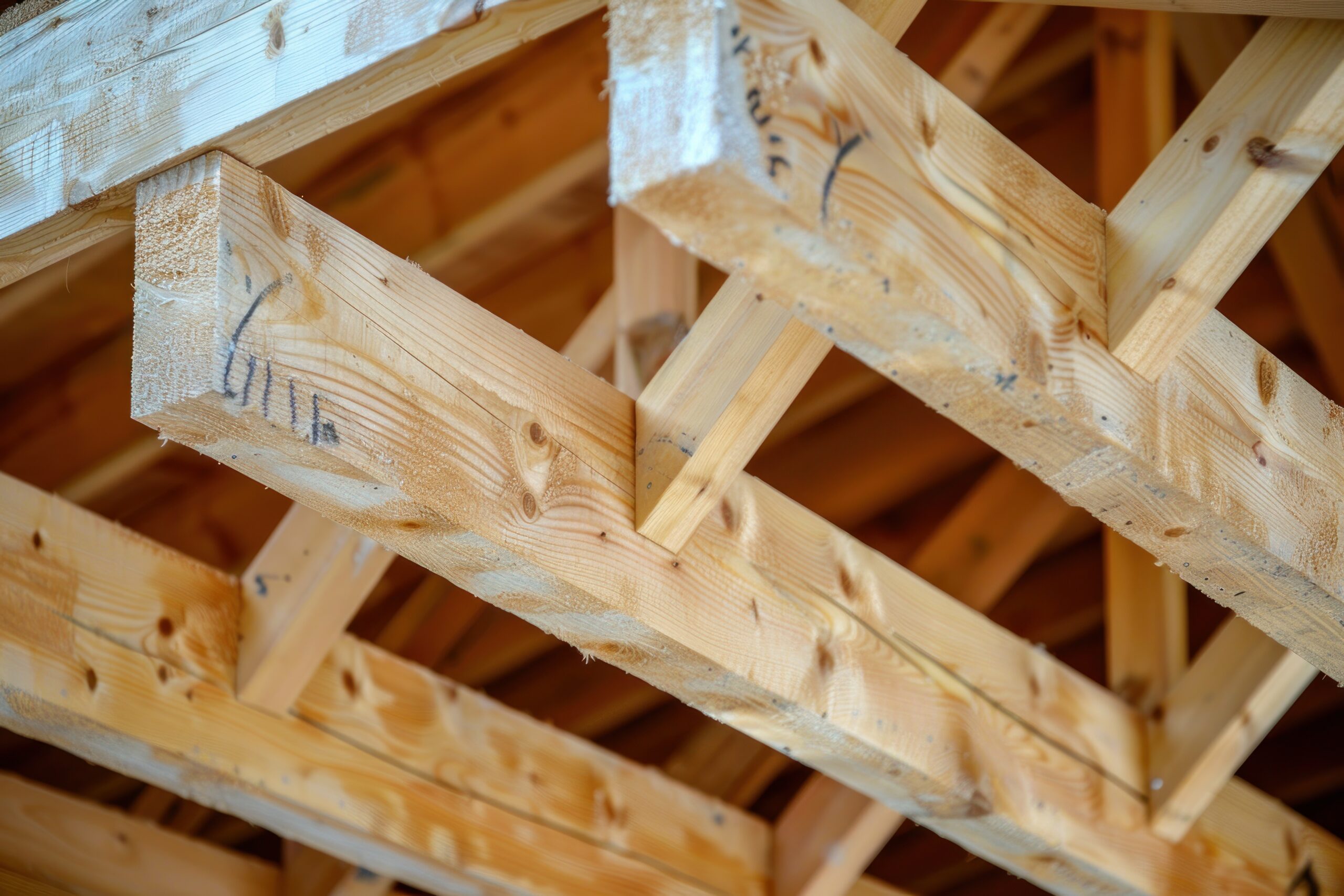 Montage vorgefertigter Holzdachbinder auf einem Rohbau
