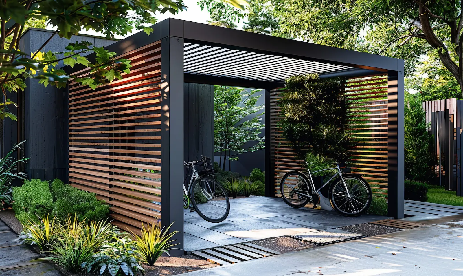 Kleiner Carport mit Holzlamellen und dunkler Konstruktion als Fahrradunterstand im Garten