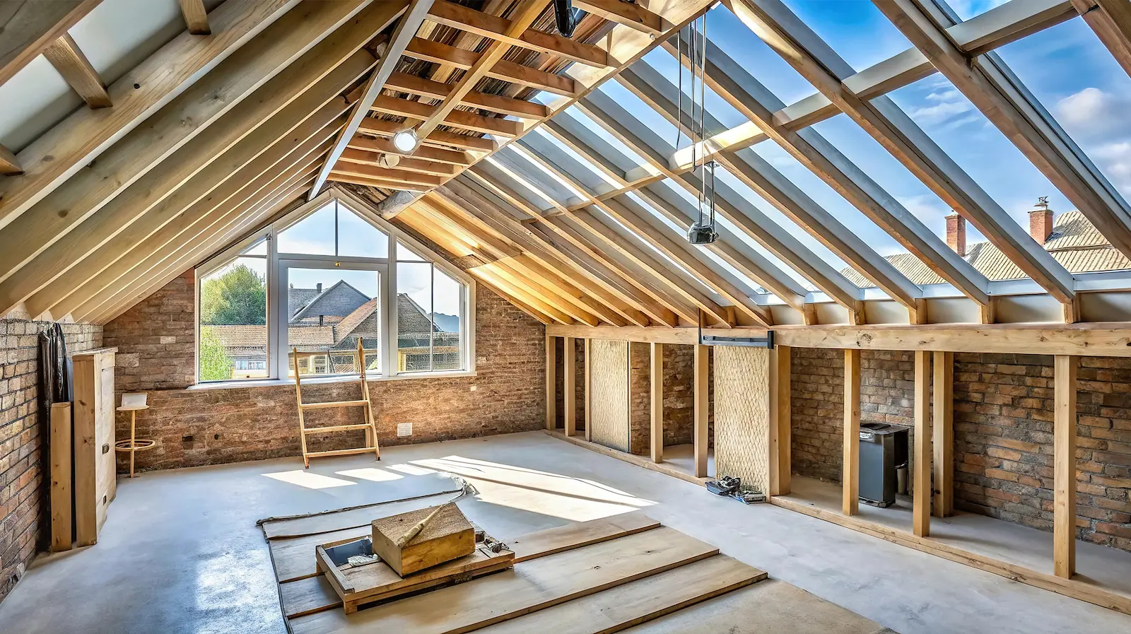 Dachgeschoss im Ausbau mit neuem Dachstuhl aus Holz, Dachfenstern und Ziegelwänden