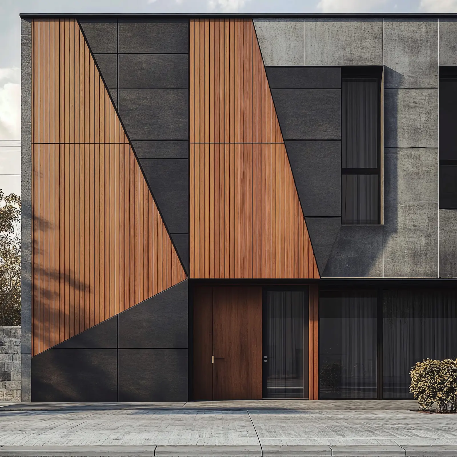 Moderne Fassade mit Kombination aus Holzpaneelen und dunklen Faserzementplatten