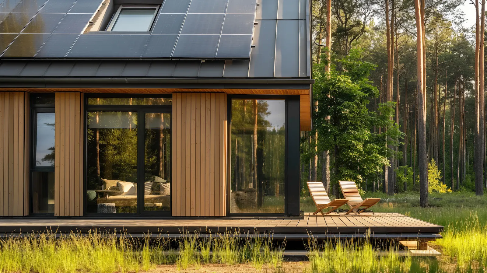 Wohnhaus mit vertikaler Holzfassade und Solarmodulen auf dem Dach